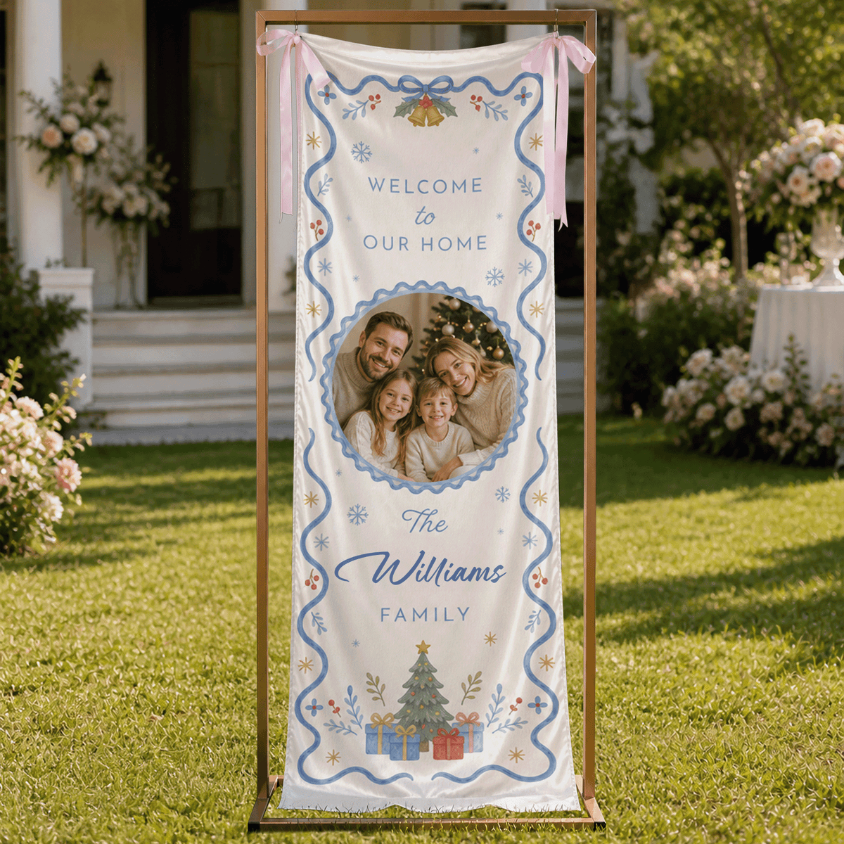 Custom Photo Blue Ribbon Christmas Family Fabric Welcome Banner, Personalized Family Name Holiday Entrance Hanging Sign with Ribbon Ties, Elegant Blue & Gold Xmas Party Decor
