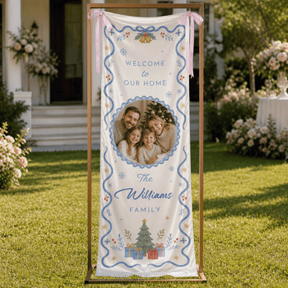 Custom Photo Blue Ribbon Christmas Family Fabric Welcome Banner, Personalized Family Name Holiday Entrance Hanging Sign with Ribbon Ties, Elegant Blue & Gold Xmas Party Decor