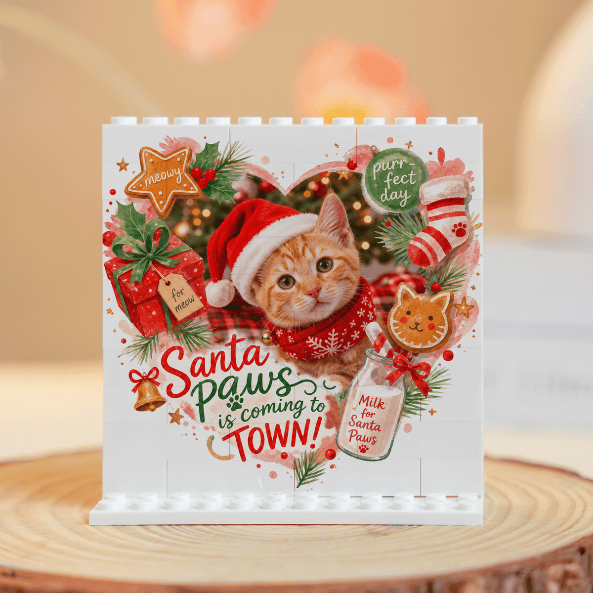 Personalized Photo Christmas Building Block in Cream White, Custom Cat Photo Santa Paws is Coming to Town Milk & Cookie Brick Puzzle Keepsake Decor, Holiday Gift for Cat Lovers