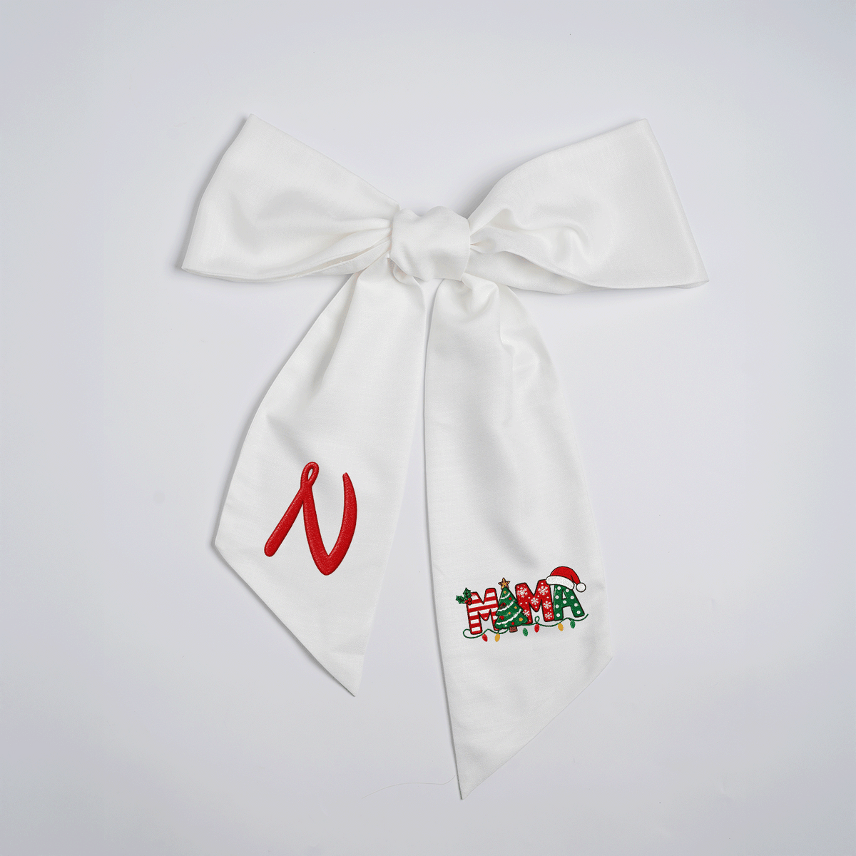 Custom Monogram Mama Embroidered Linen Door Wreath Sash, Personalized Initial Christmas Tree Lights Santa Hat Typography Holiday Wreath Sash & Front Door Decor