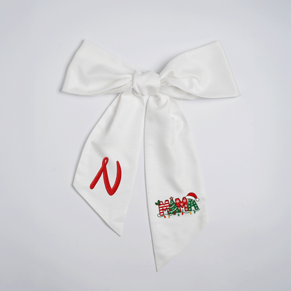 Custom Monogram Mama Embroidered Linen Door Wreath Sash, Personalized Initial Christmas Tree Lights Santa Hat Typography Holiday Wreath Sash & Front Door Decor