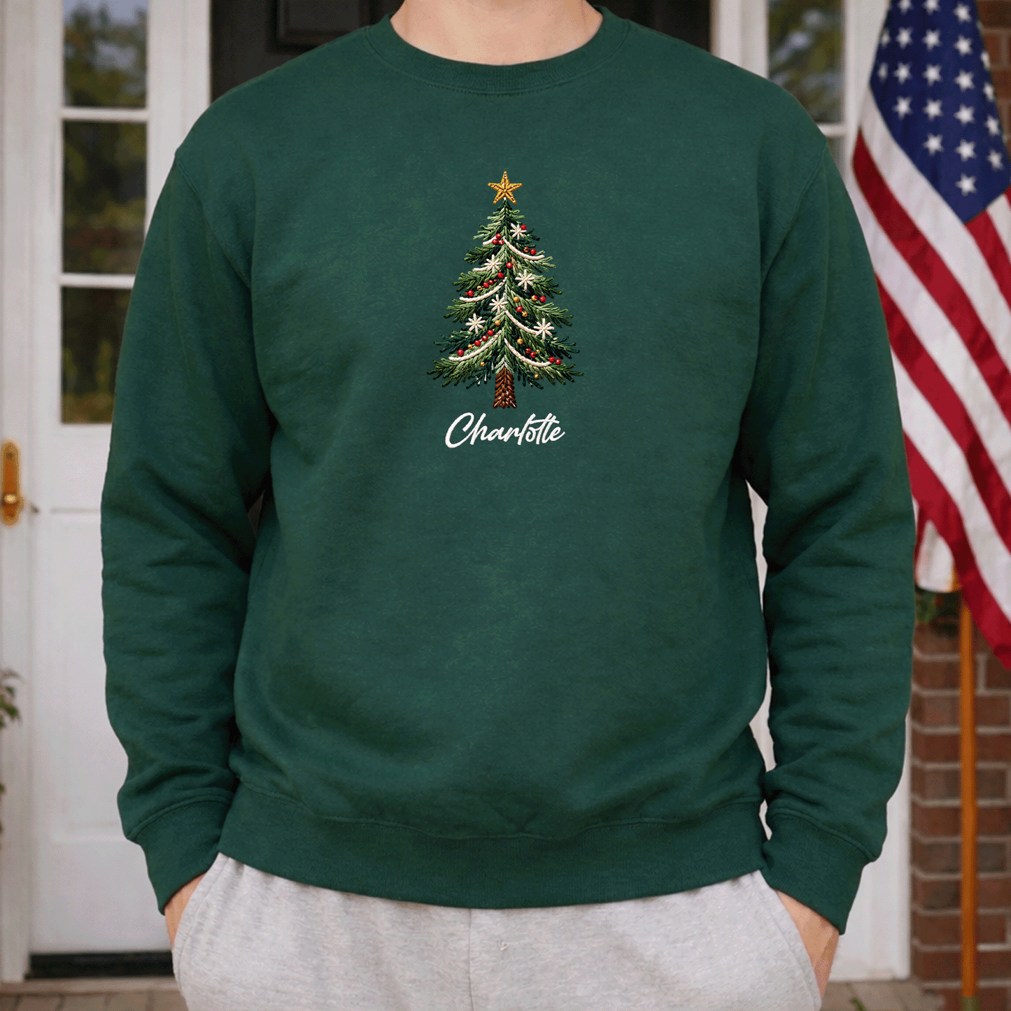 Personalized Embroidered Classic Christmas Tree Sweatshirt with Custom Name