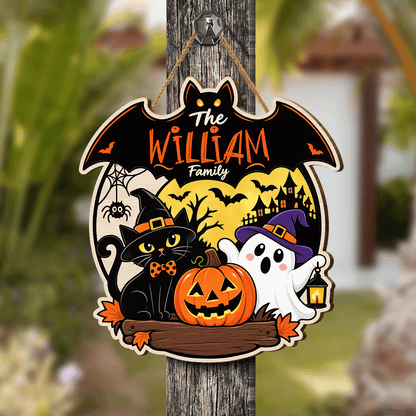 Personalized Halloween Black Cat Ghost Pumpkin Custom Shape Wood Sign Bat Silhouette Spooky Family Name Door Hanger Home Wall Decor