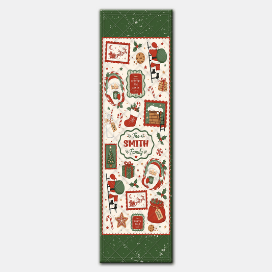 Full length Night Before Christmas runner design with Santa on a ladder, chimney, sleigh and North Pole icons