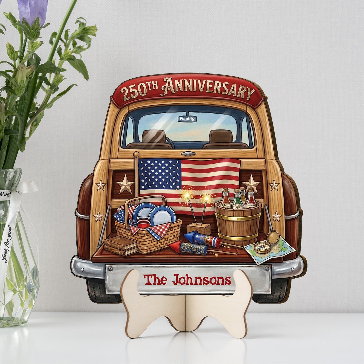 Personalized Red Truck 250th Anniversary Wooden Sign – Custom Family Name Patriotic Decor – 4th of July Gift for Family Door Sign