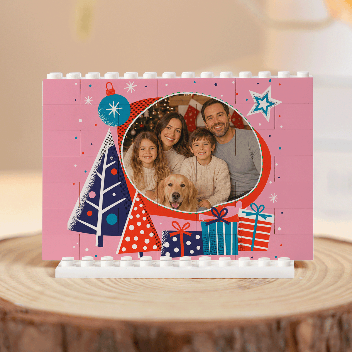 Personalized Photo Christmas Building Block in Bubblegum Pink, Custom Family Picture Modern Xmas Trees & Gift Boxes Brick Puzzle Keepsake Decor, Festive Holiday Desk Gift