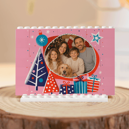 Personalized Photo Christmas Building Block in Bubblegum Pink, Custom Family Picture Modern Xmas Trees & Gift Boxes Brick Puzzle Keepsake Decor, Festive Holiday Desk Gift