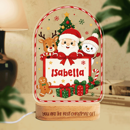 Custom Christmas Name Night Light - Personalized Kids Santa & Reindeer Acrylic Arch Night Light with Engraved Beech Wood Base