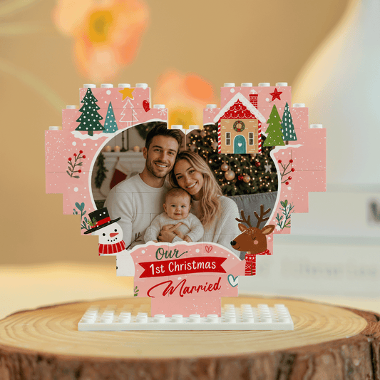 Personalized Photo Christmas Building Block Heart Shape in Blush Pink, Custom Couple First Christmas Married Photo Snowman & Reindeer Brick Puzzle Keepsake Decor, Holiday Gift for Newlyweds