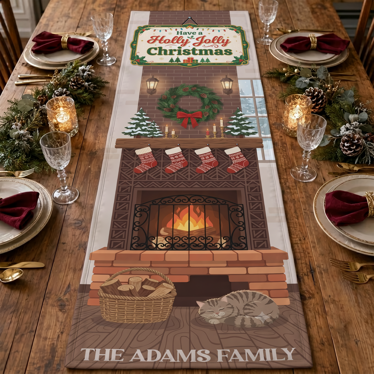 Personalized Family Name Fireplace & Sleeping Cat Christmas Quilt Table Runner in Warm Brown & Red, Custom Holly Jolly Christmas Quilted Table Runner Decor, Rustic Holiday Dining Room Table Topper