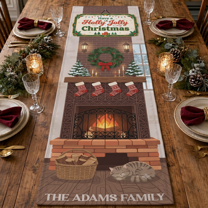 Personalized Family Name Fireplace & Sleeping Cat Christmas Quilt Table Runner in Warm Brown & Red, Custom Holly Jolly Christmas Quilted Table Runner Decor, Rustic Holiday Dining Room Table Topper