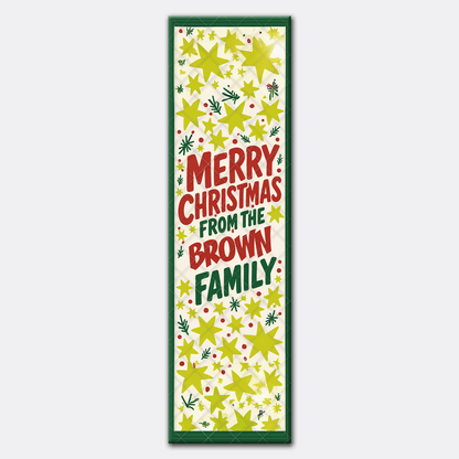 Personalized Family Name Golden Stars Christmas Quilt Table Runner, Custom Retro Typography Quilted Table Runner Decor, Festive Holiday Dining Room Table Topper