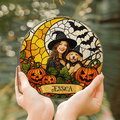 Personalized Halloween Witch Custom Photo Pet Stained Glass Suncatcher Window Hanging Custom Name Home Wall Decor