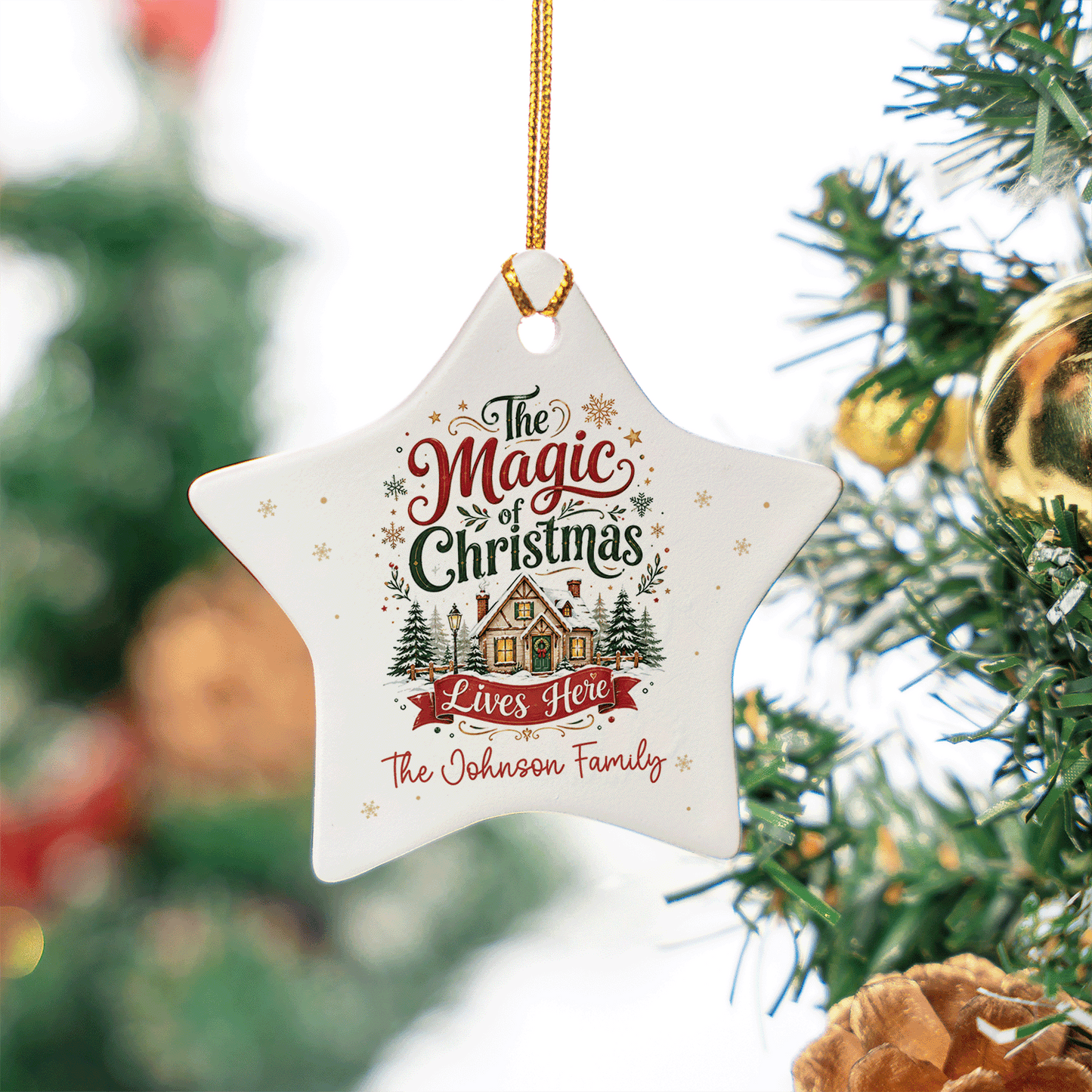 Personalized The Magic of Christmas Lives Here Star Ceramic Ornament, Custom Name Holiday Gift