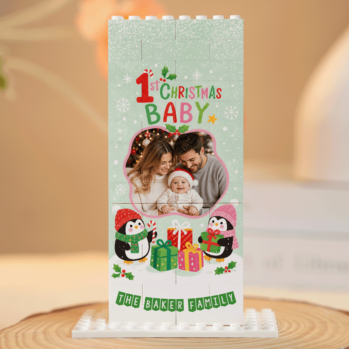 Personalized Photo Christmas Building Block in Mint Green, Custom Baby First Christmas Photo Cute Penguins & Wrapped Gifts Brick Puzzle Keepsake Decor, Holiday Gift for New Parents