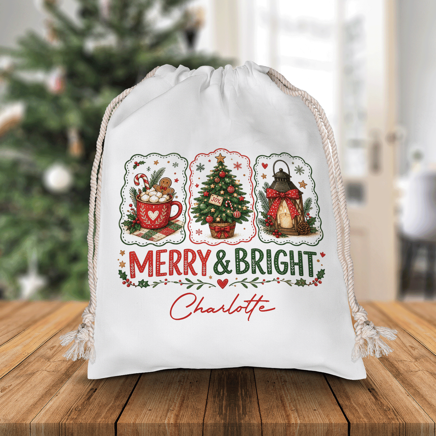 Personalized Merry & Bright Christmas Sack, Custom Name Santa Gift Bag