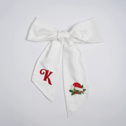 Custom Letter Christmas Santa Hat Embroidered Linen Wreath Sash, Personalized Sage Floral Monogram Bow for Front Door Decor