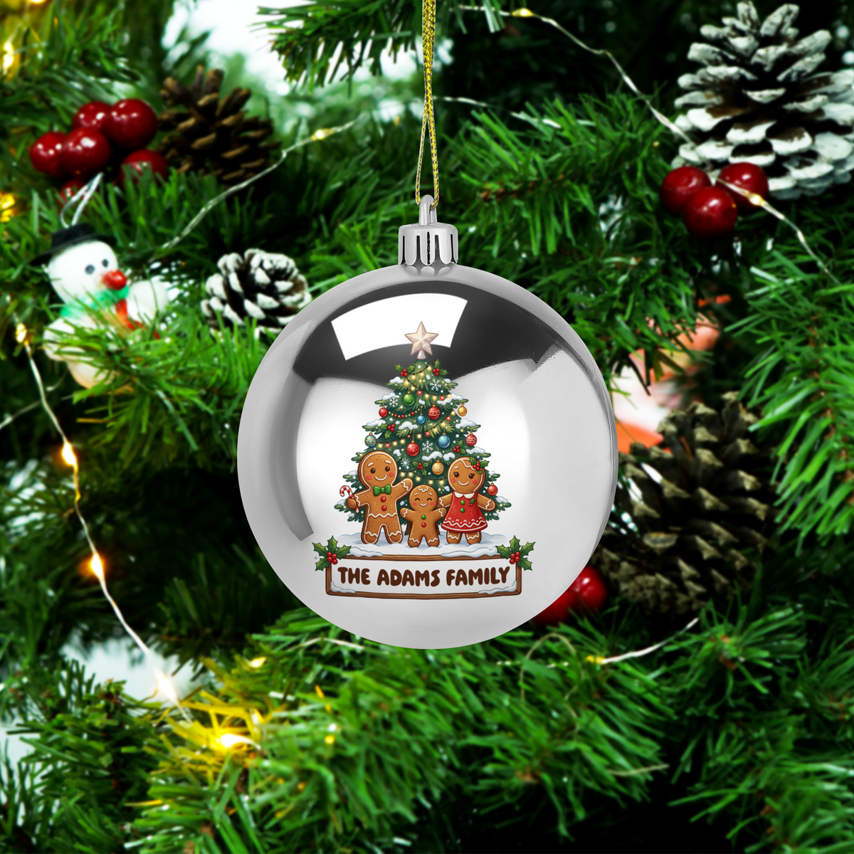 Personalized Family Name Gingerbread Family Silver Christmas Ball Ornament, Custom Full Color Shatterproof Plastic Bauble