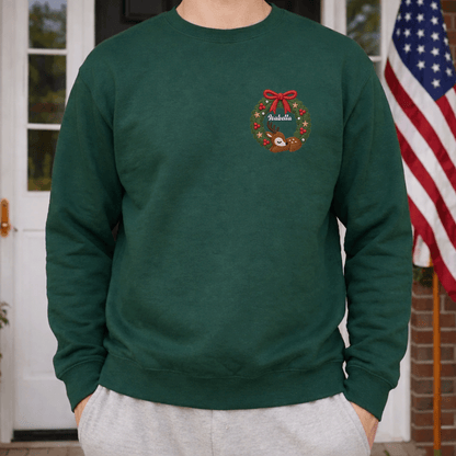Personalized Deer Christmas Wreath Embroidered Sweatshirt, Custom Name Christmas Crewneck Gift