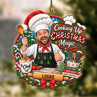 Personalized Cooking Up Christmas Magic Chef Photo Acrylic Ornament, Custom Name Kitchen Baker Cook Xmas Tree Hanging Decor Keepsake, Culinary Holiday Gift