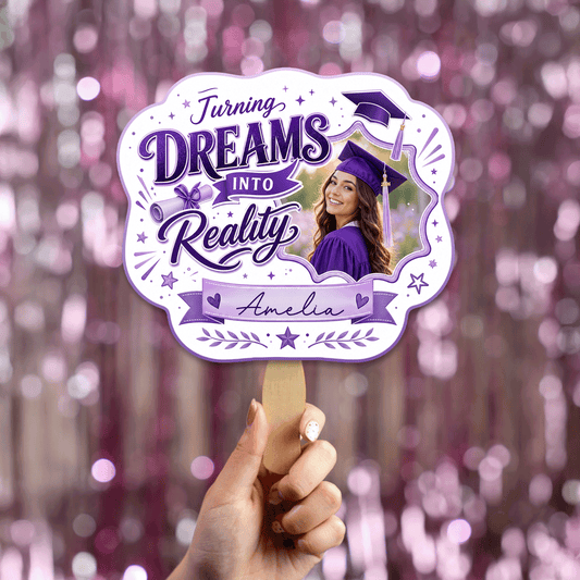 Personalized Turning Dreams Into Reality Custom Shape Photo Hand Fan, Graduation Fan with Photo & Name