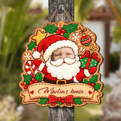 Personalized Cute Baby Custom Face Santa Christmas Custom Shape Wood Sign, Custom Photo Head Santa Claus Gift Box Wooden Hanging Plaque, Festive Holiday Door & Wall Decor Family Gift