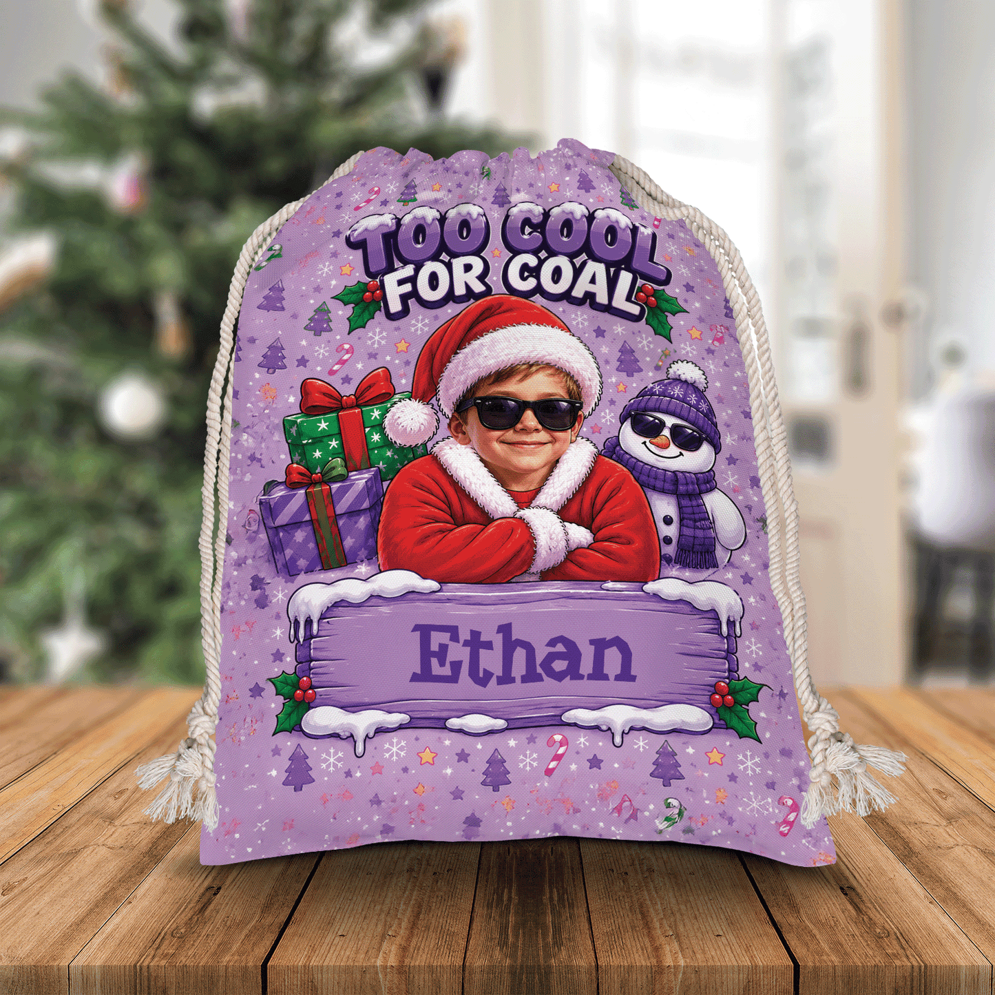 Personalized Too Cool for Coal Christmas Sack, Custom Name Funny Santa Gift Bag