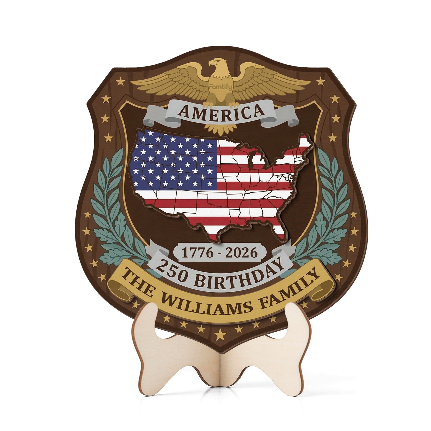 Personalized America 250th Birthday 1776-2026 2-Layer Wood Sign – Custom Family Name Patriotic Door Sign