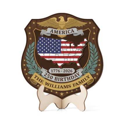 Personalized America 250th Birthday 1776-2026 2-Layer Wood Sign – Custom Family Name Patriotic Door Sign
