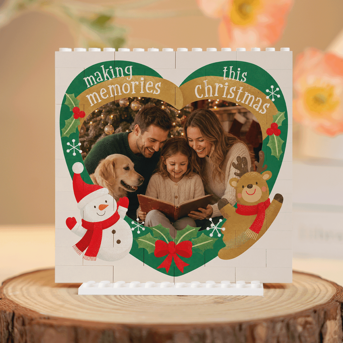 Personalized Photo Christmas Building Block in White, Custom Family Picture Reindeer & Snowman Heart Brick Puzzle Keepsake Decor, Festive Holiday Desk Gift