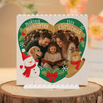 Personalized Photo Christmas Building Block in White, Custom Family Picture Reindeer & Snowman Heart Brick Puzzle Keepsake Decor, Festive Holiday Desk Gift