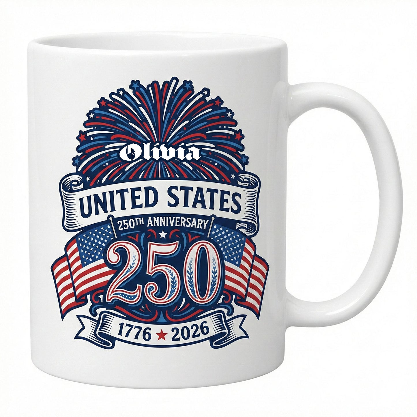 United States 250th Anniversary Personalized White Mug – Custom Name America 1776–2026 Fireworks Mug