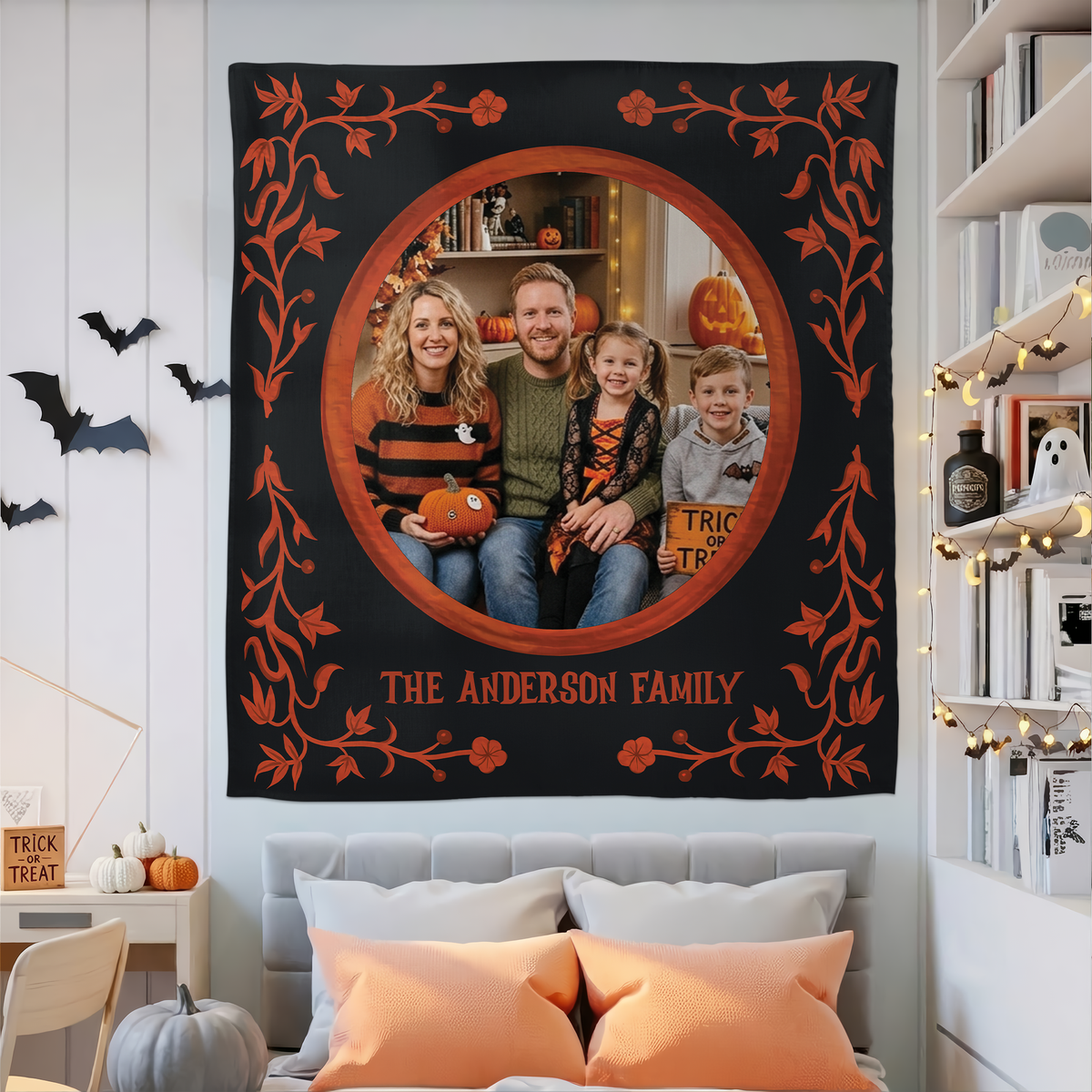 Personalized Halloween Floral Vine Photo Tapestry, Custom Family Photo Name Wall Hanging Decor, Spooky Vintage Frame Party Backdrop