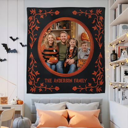 Personalized Halloween Floral Vine Photo Tapestry, Custom Family Photo Name Wall Hanging Decor, Spooky Vintage Frame Party Backdrop