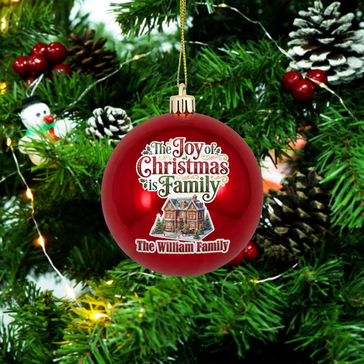 Personalized Family Name The Joy Of Christmas Is Family Red Ball Ornament, Custom Full Color Vintage Home Shatterproof Plastic Bauble