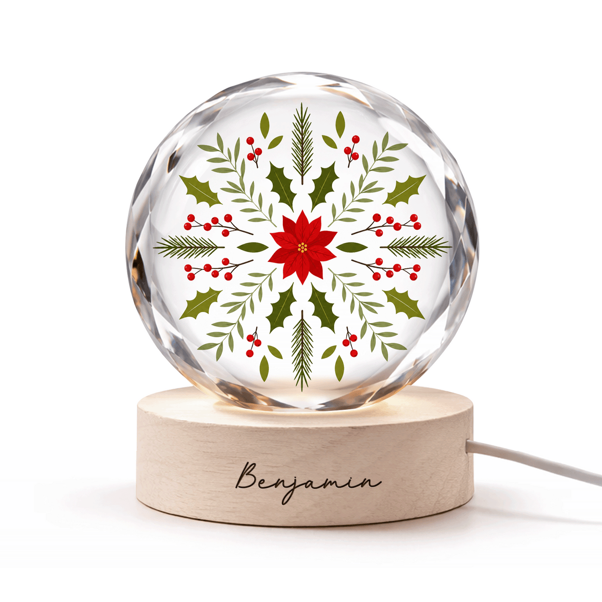 Custom Botanical Snowflake Poinsettia 3D Laser Engraved Crystal Ball with LED Wooden Standee, Personalized Name Holiday Night Light Keepsake