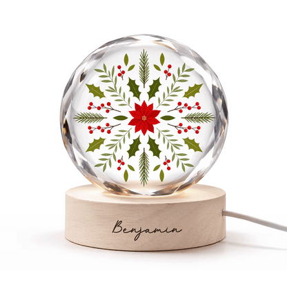Custom Botanical Snowflake Poinsettia 3D Laser Engraved Crystal Ball with LED Wooden Standee, Personalized Name Holiday Night Light Keepsake