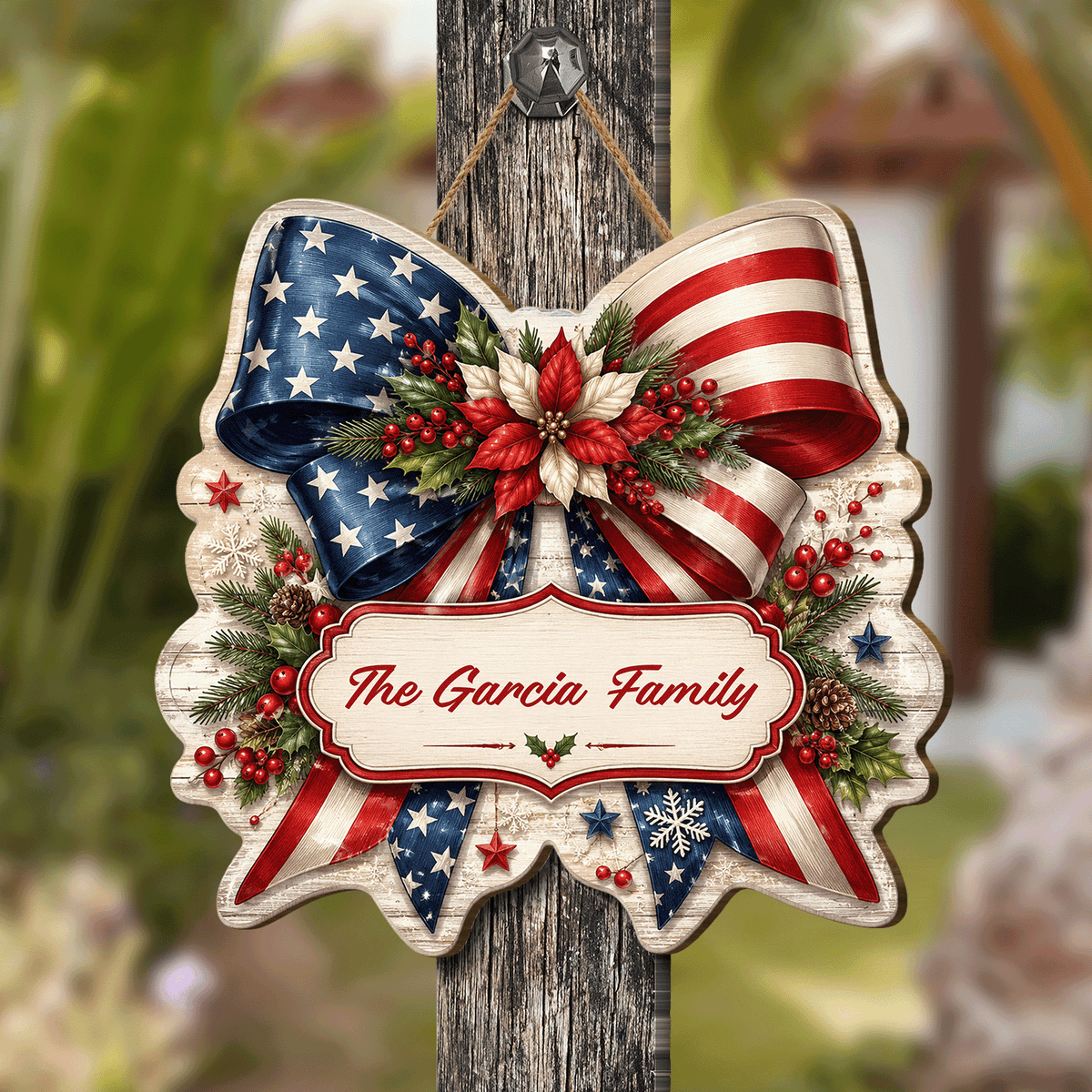 Personalized Patriotic American Flag Bow Custom Shape Wood Sign, Custom Family Name US Flag Ribbon Poinsettia Hanging Wooden Plaque, Holiday Door & Wall Decor Family Gift
