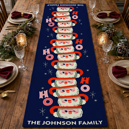 Personalized Family Name Stacked Santa Long Hat Quilt Table Runner, Custom Navy Blue HO HO HO Christmas Quilted Table Runner Decor, Cute Holiday Dining Room Table Topper