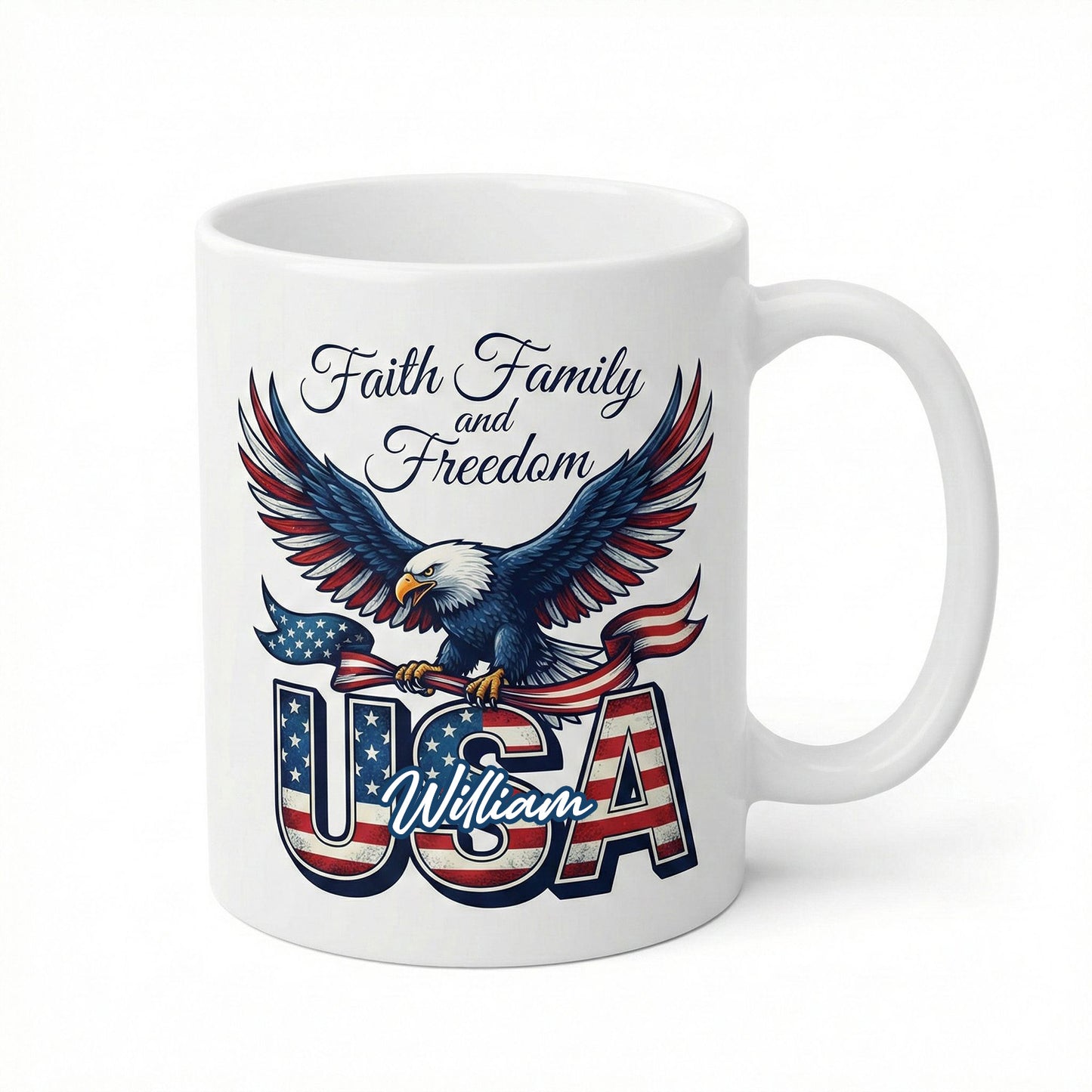 Faith Family and Freedom USA Personalized White Mug – America 250 Years Patriotic Eagle Mug