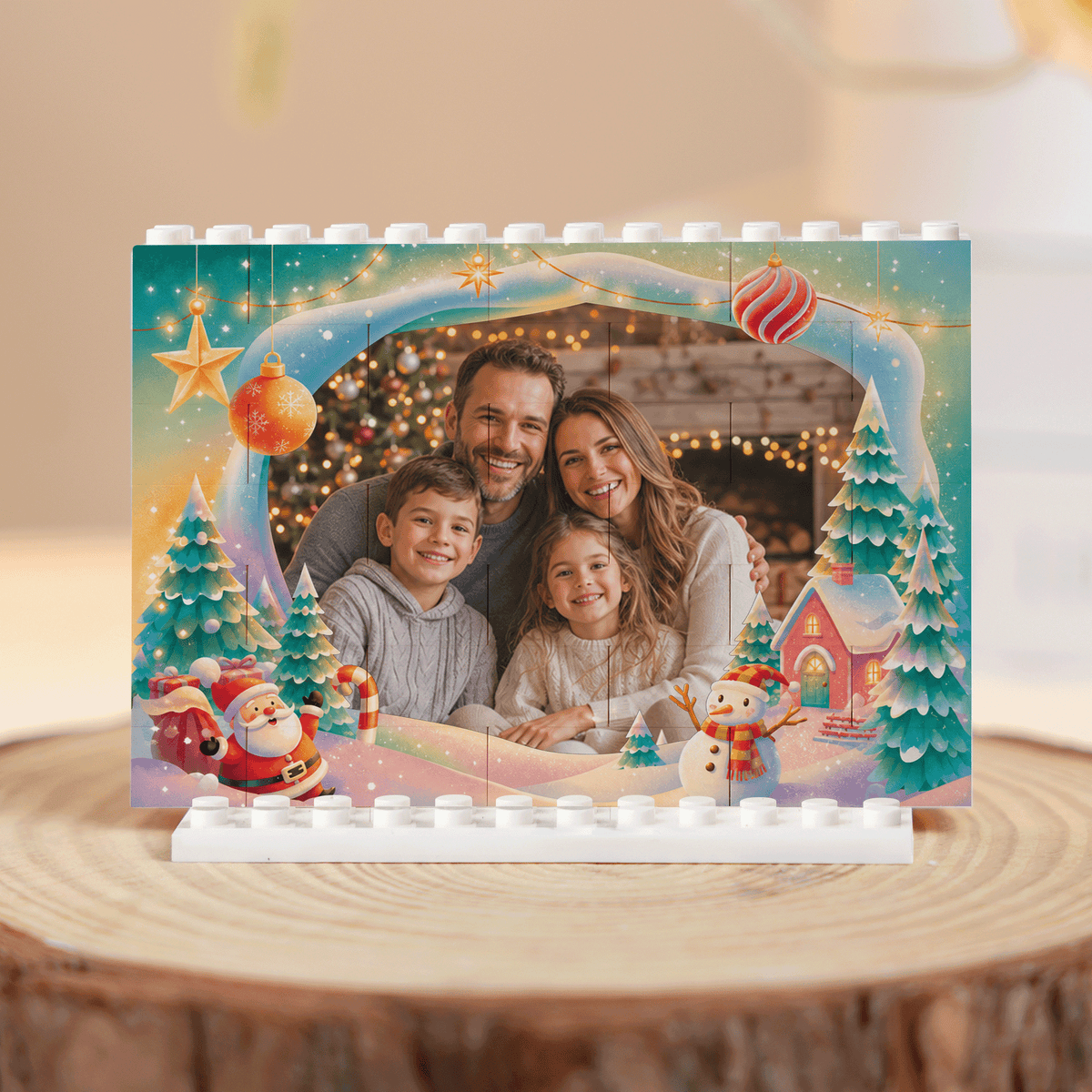 Personalized Photo Christmas Building Block in Aqua Blue, Custom Family Picture Magical Winter Village Santa & Snowman Brick Puzzle Keepsake Decor, Festive Holiday Desk Gift