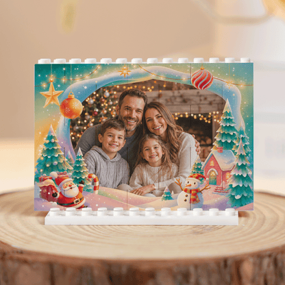 Personalized Photo Christmas Building Block in Aqua Blue, Custom Family Picture Magical Winter Village Santa & Snowman Brick Puzzle Keepsake Decor, Festive Holiday Desk Gift