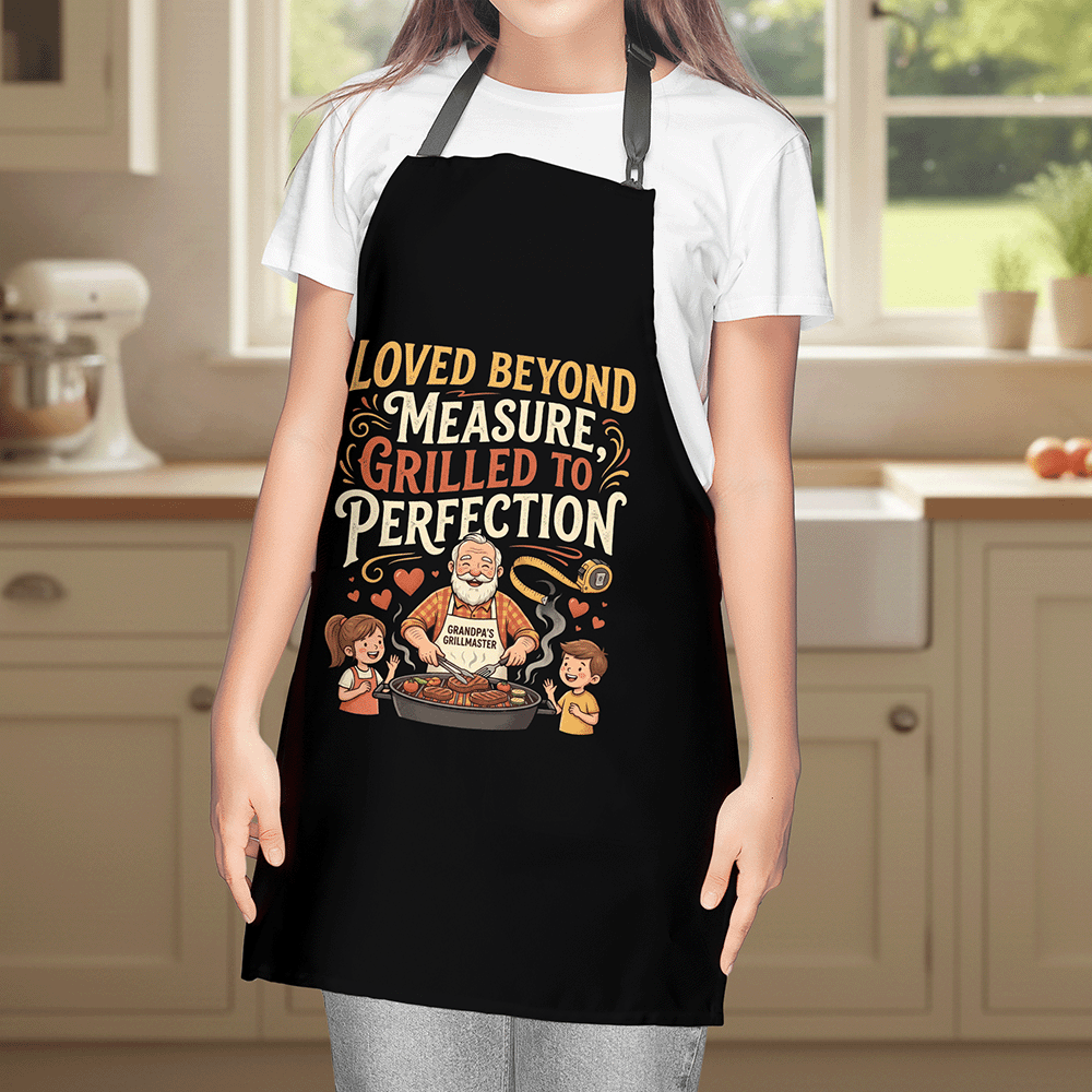 Love Beyond Measure, Grilled to Perfection Apron – Funny BBQ Grilling Apron Gift for Grandpa