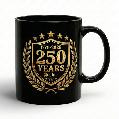 America 250 Years Personalized Black Mug – USA 1776-2026 250th Anniversary Patriotic Mug