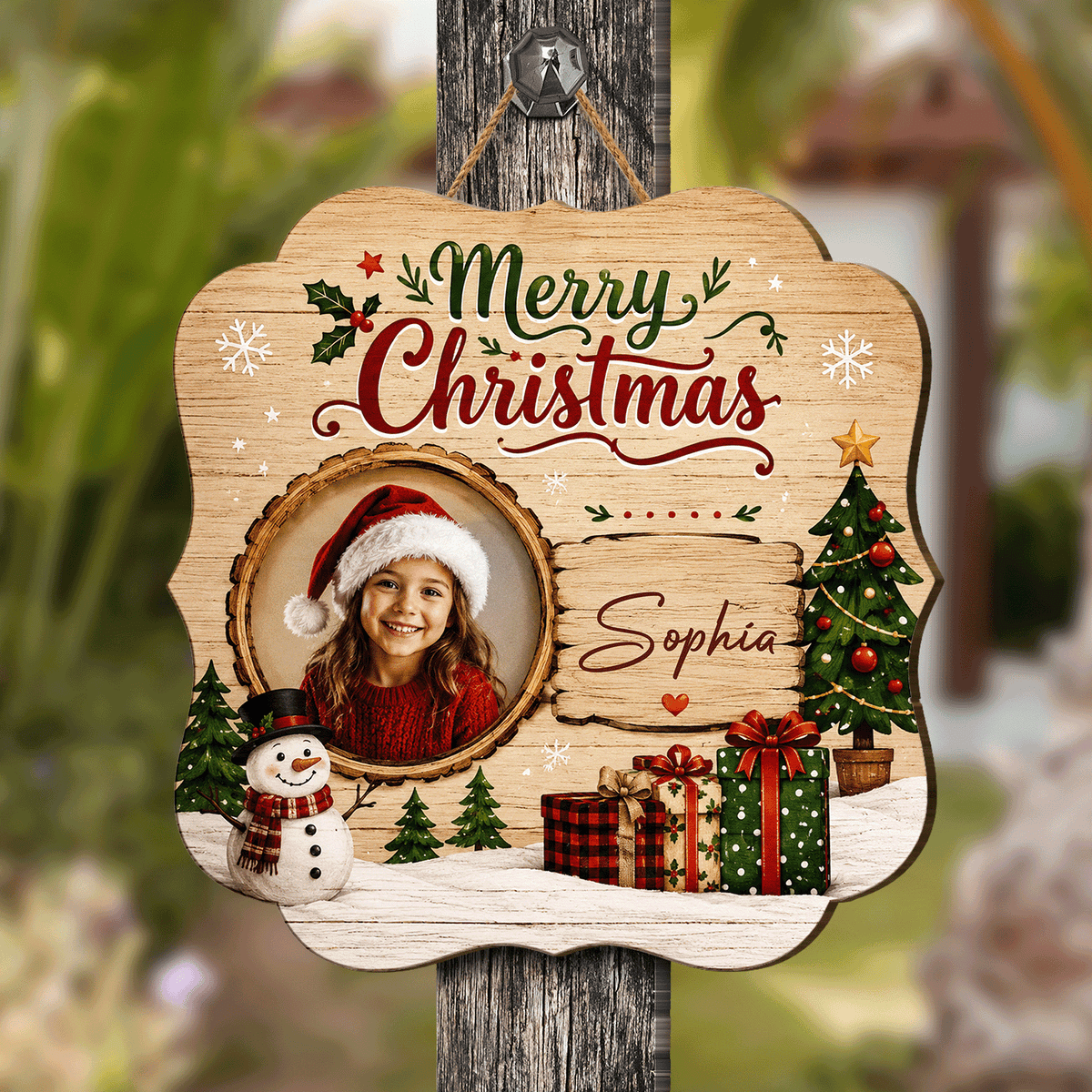 Personalized Merry Christmas Photo Frame Custom Shape Wood Sign, Custom Kid Photo Name Snowman Christmas Tree Wooden Hanging Plaque, Holiday Door & Wall Decor Family Gift