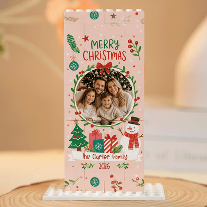 Personalized Photo Christmas Building Block in Blush Pink, Custom Family Name & Year Wreath Snowman Brick Puzzle Keepsake Decor, Festive Holiday Desk Gift