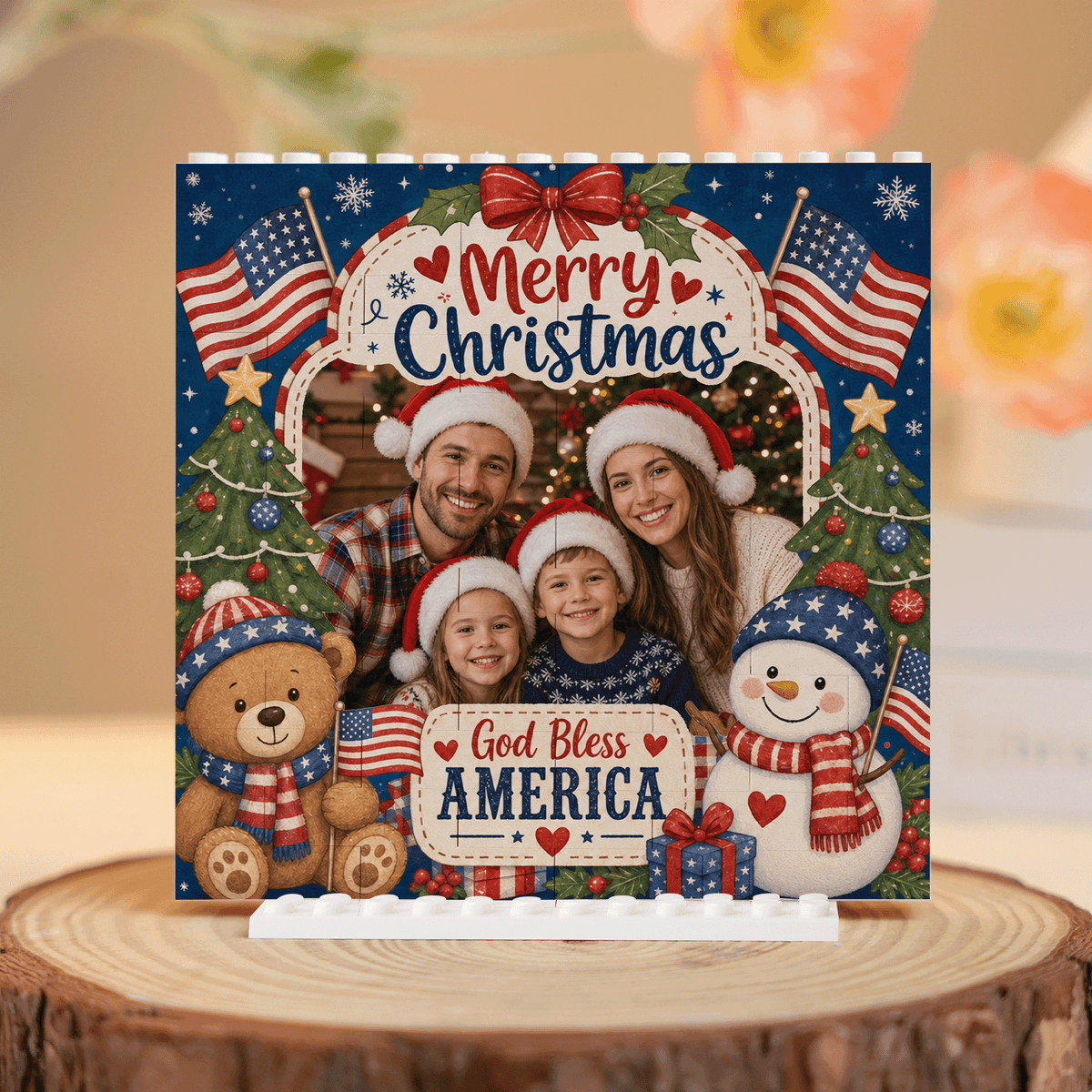 Personalized Photo Christmas Building Block in Navy Blue & Red, Custom Family Picture Patriotic God Bless America Snowman Brick Puzzle Keepsake Decor, Festive Holiday Desk Gift