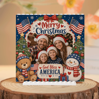 Personalized Photo Christmas Building Block in Navy Blue & Red, Custom Family Picture Patriotic God Bless America Snowman Brick Puzzle Keepsake Decor, Festive Holiday Desk Gift