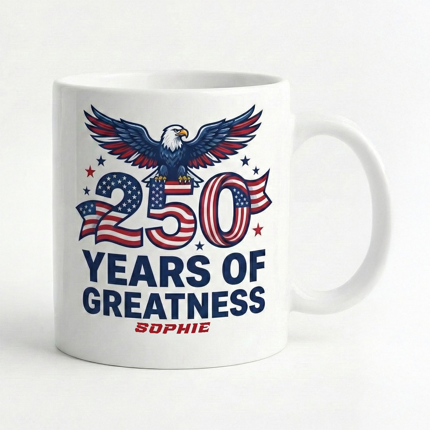 250 Years of Greatness USA Personalized White Mug – Custom Name Patriotic America 1776–2026 Mug