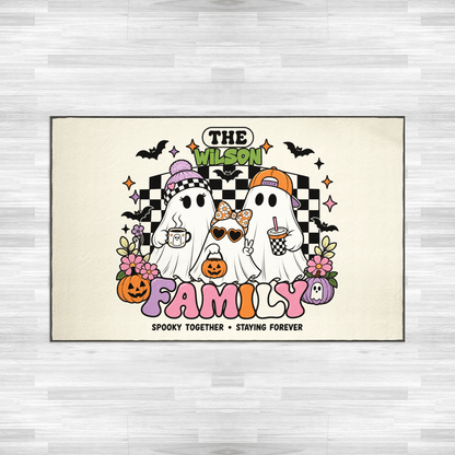 Personalized Halloween Cute Groovy Ghost Family Rug Custom Name Home Decor Floor Mat